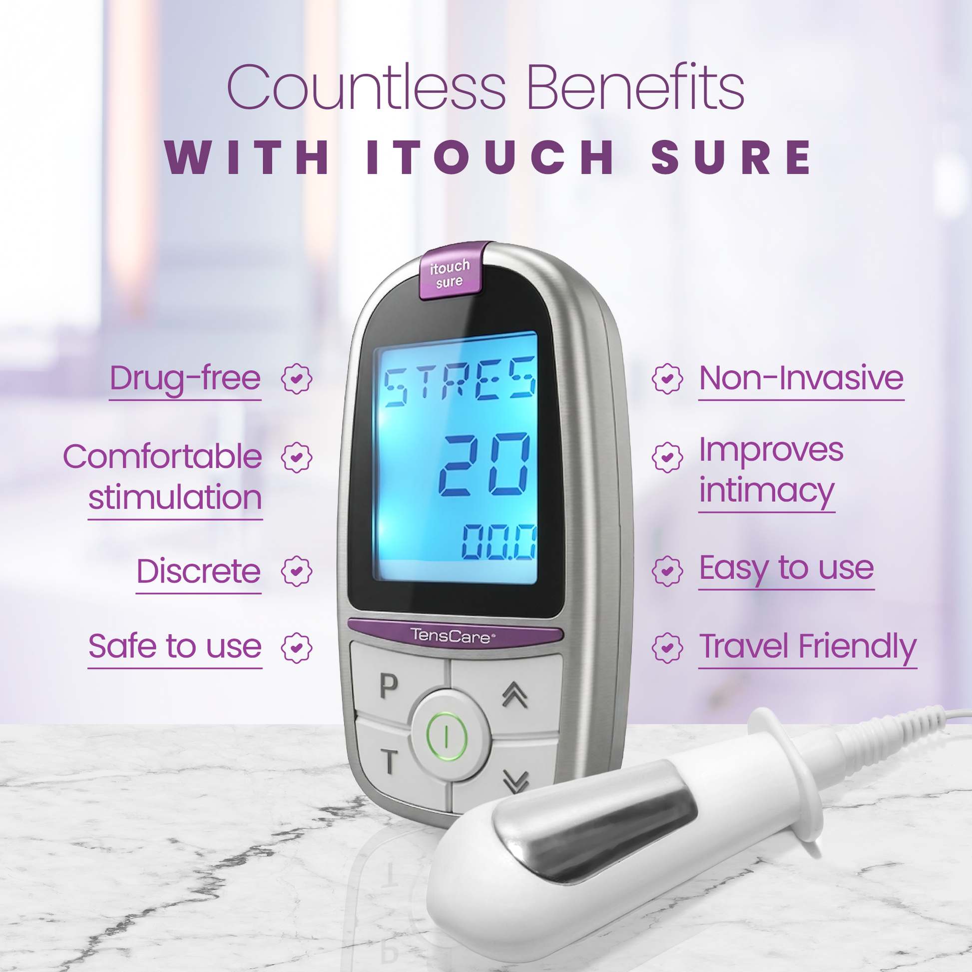 iTouch Sure unit and probe, listing benefits: drug-free, discreet, non-invasive and travel friendly