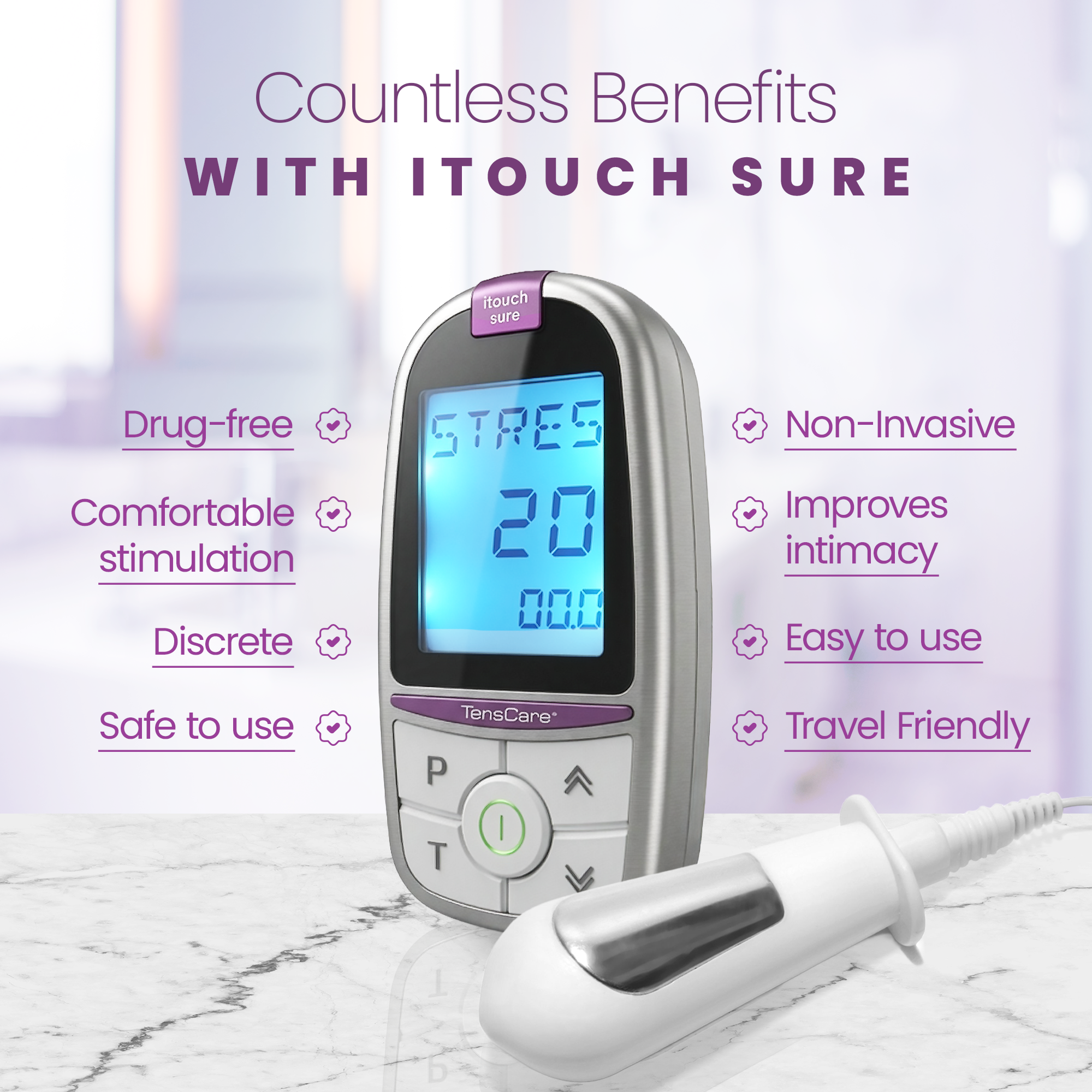 iTouch Sure unit and probe, listing benefits: drug-free, discreet, non-invasive and travel friendly