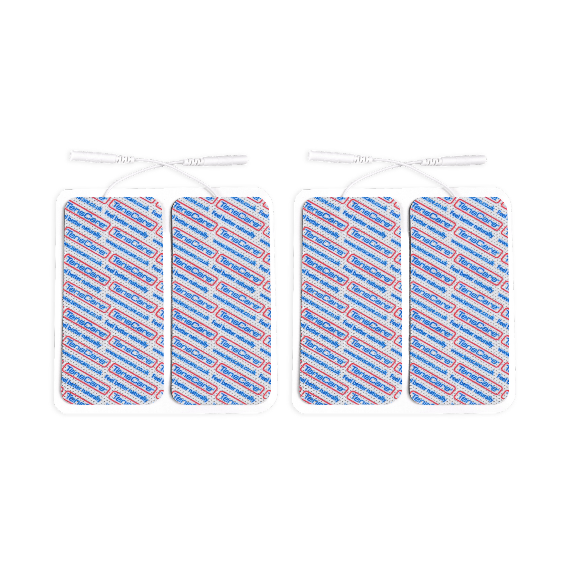Four TensCare 50 x 100 mm replacement electrode pads laid flat in two pairs