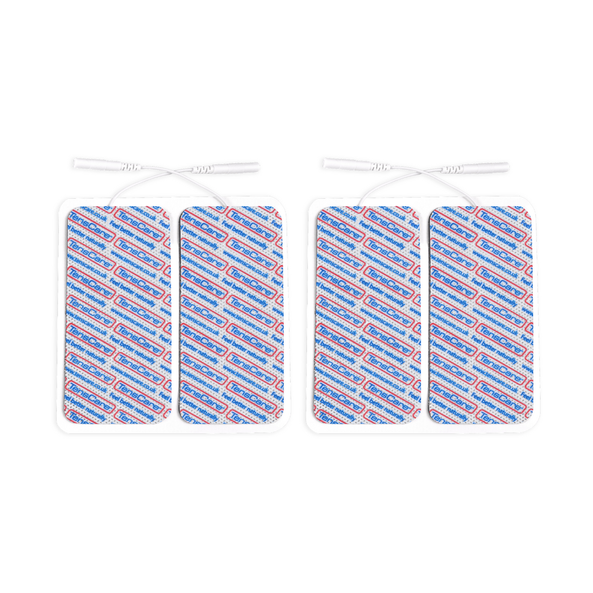 Four TensCare 50 x 100 mm replacement electrode pads laid flat in two pairs