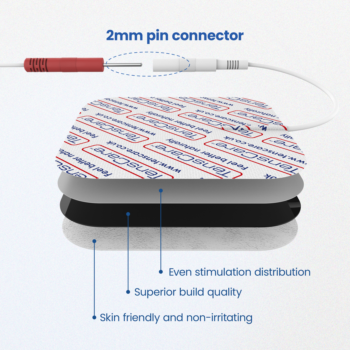 Cutaway of the 50 x 50 mm carbon mesh electrode showing its layers and 2 mm pin connector
