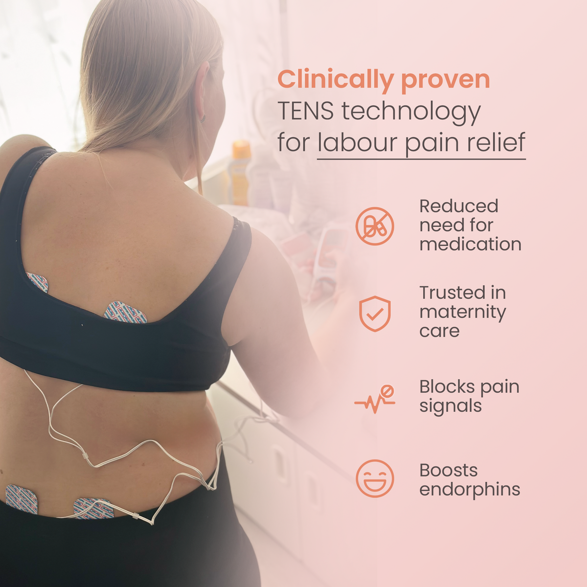 Woman wearing Perfect Mama+ electrode pads on her back; clinically proven TENS for labour pain relief