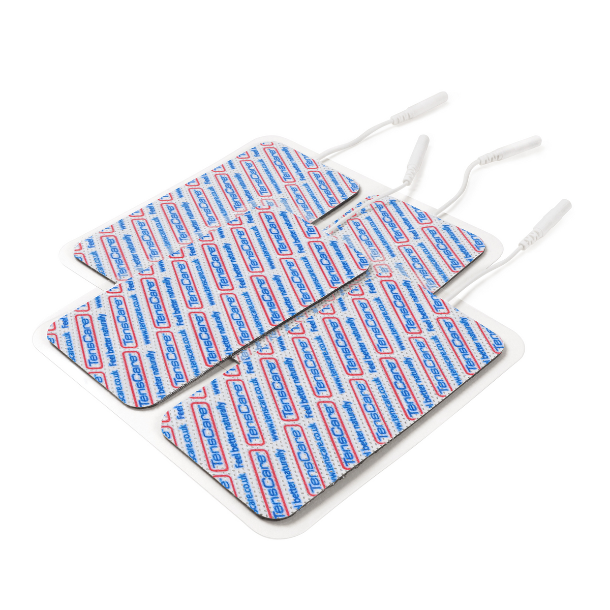 Three TensCare replacement electrode pads stacked with lead wires attached