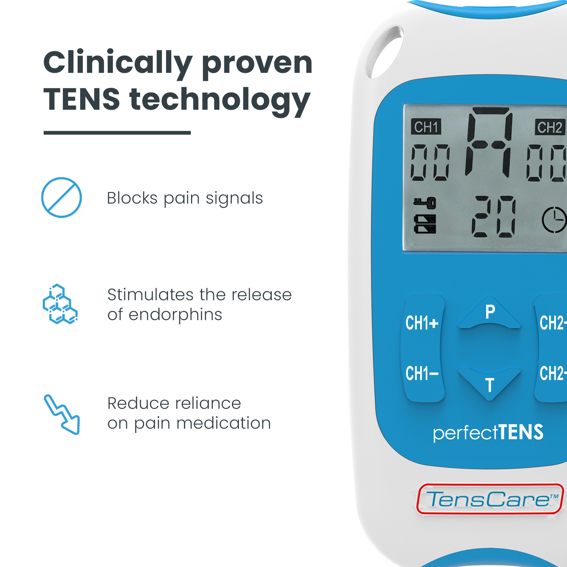 Perfect TENS unit; clinically proven TENS blocks pain signals and stimulates endorphins