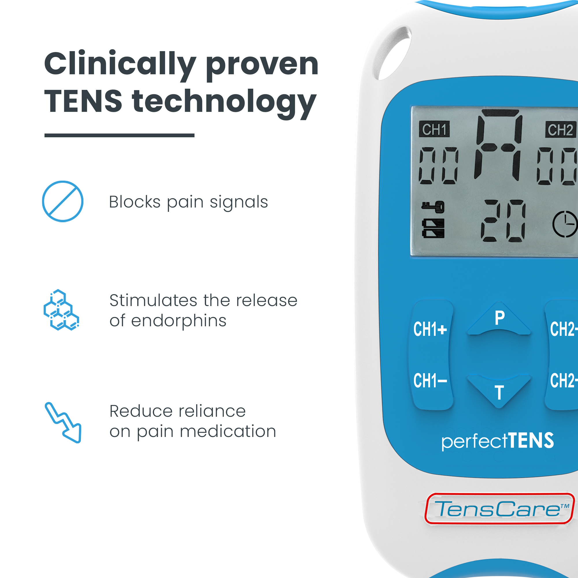 Perfect TENS unit; clinically proven TENS blocks pain signals and stimulates endorphins