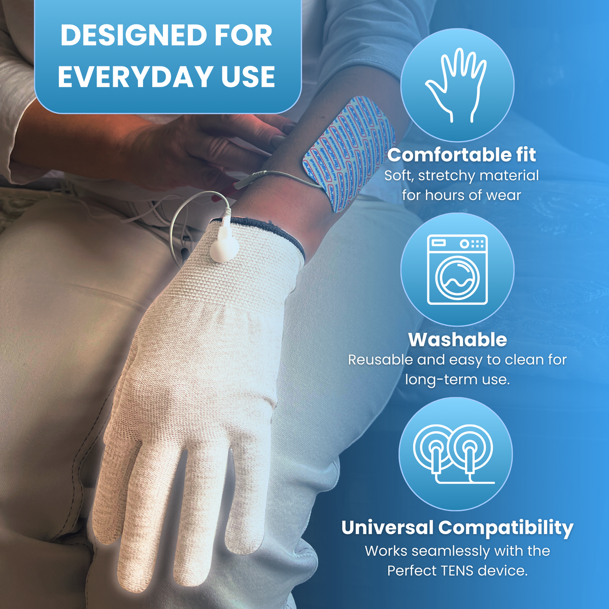 iGlove conductive glove being worn: comfortable fit, washable, universally compatible