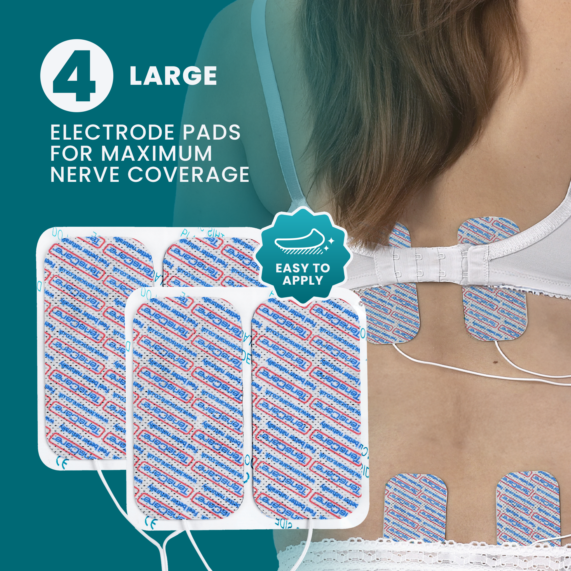 Four large MamaTENS electrode pads worn on a back for maximum nerve coverage