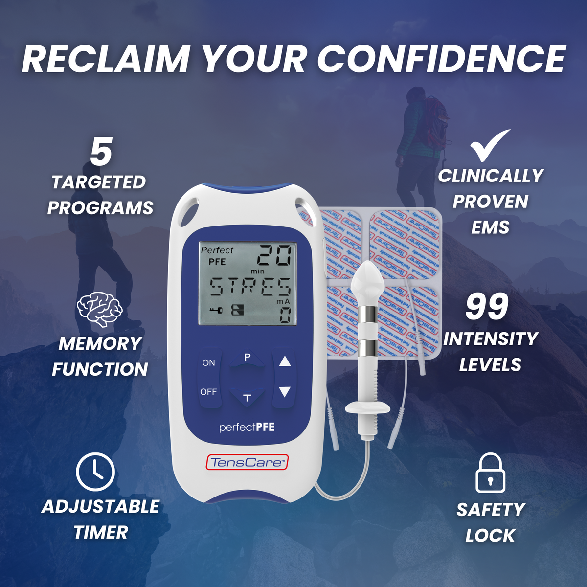 Perfect PFE for men: 5 targeted programs, clinically proven EMS, 99 intensity levels, memory function and safety lock