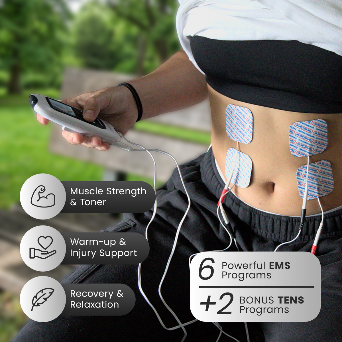 Woman wearing Perfect EMS electrode pads on her abdomen; 6 EMS programmes plus 2 bonus TENS programmes