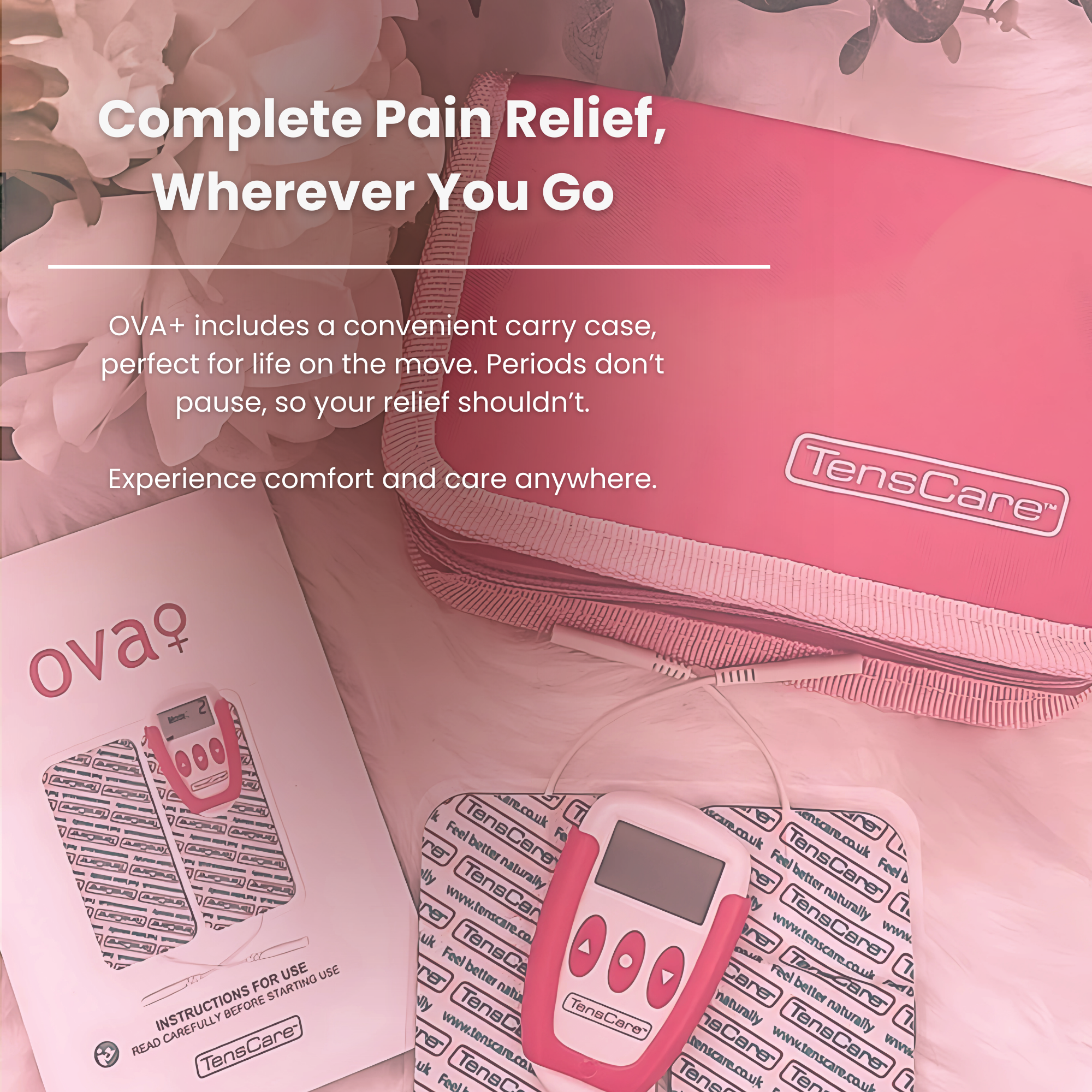 Ova+ unit and electrode pads with its carry case, for complete pain relief wherever you go