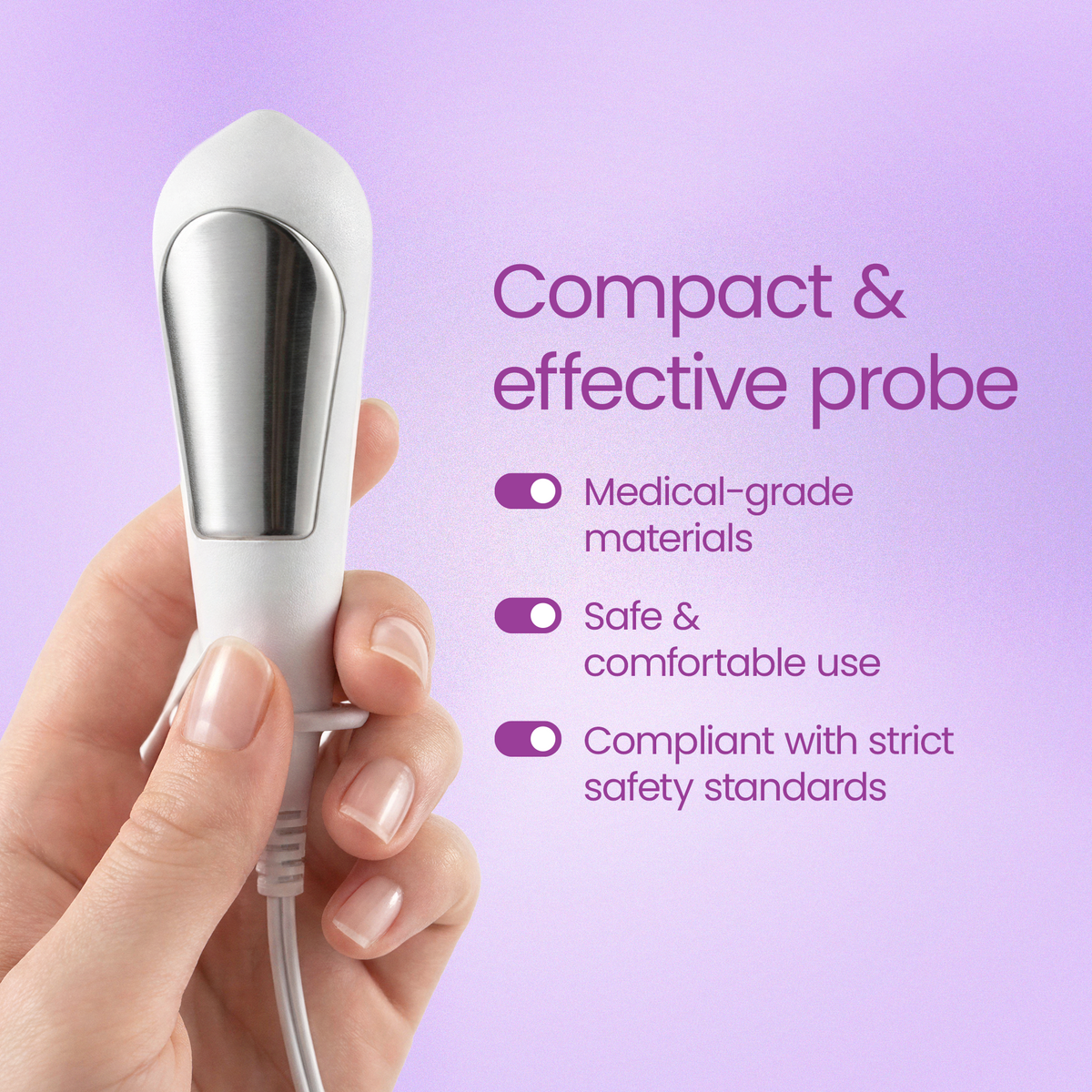 Hand holding the Kegel Toner probe; medical-grade materials, safe and comfortable to use