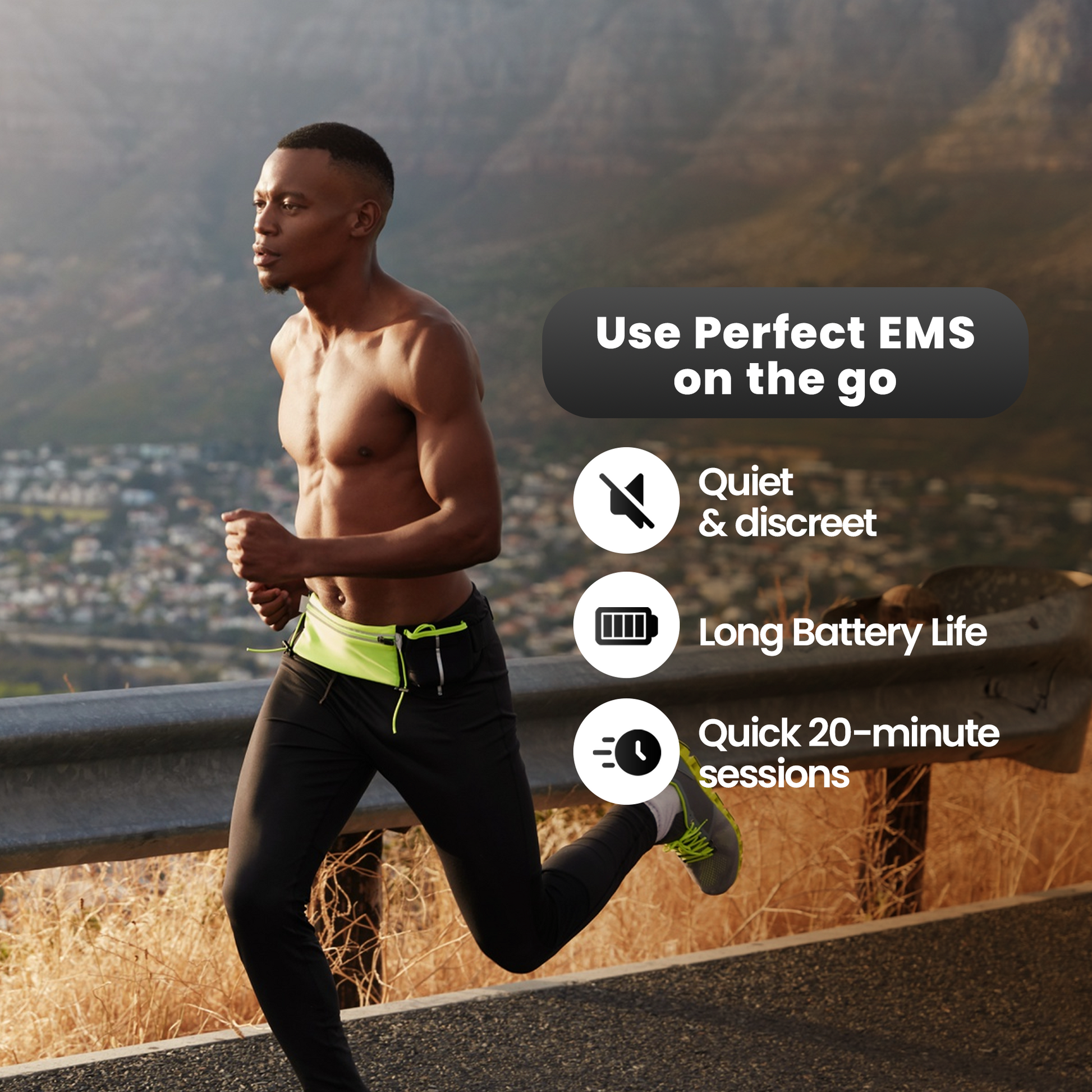 Man running outdoors; use Perfect EMS on the go, quiet and discreet with quick 20-minute sessions