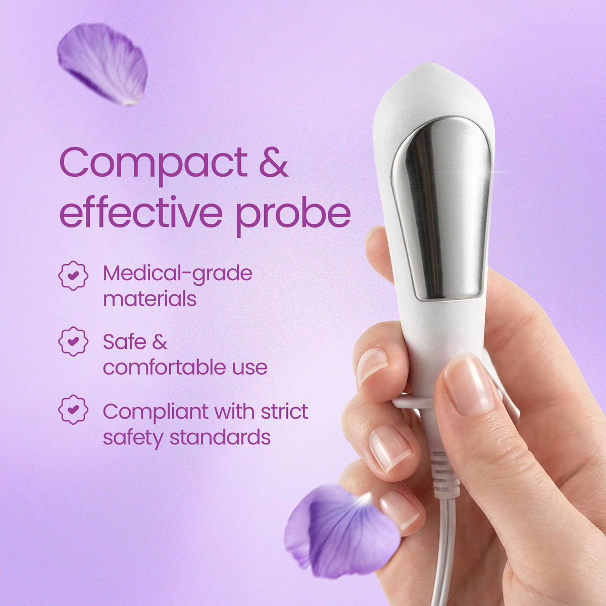 Hand holding the iTouch Sure probe; medical-grade materials, safe and comfortable to use