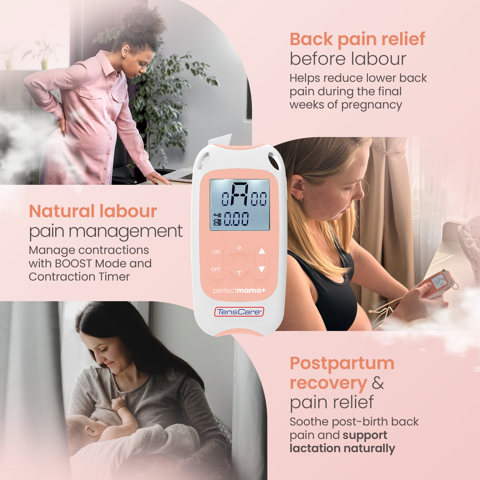 Perfect Mama+ used for back pain relief before labour, natural labour pain management and postpartum recovery