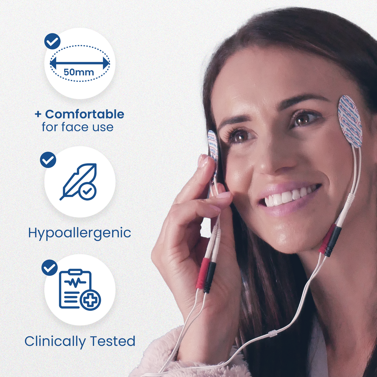 Woman wearing a face electrode pad on her cheek; comfortable for face use, hypoallergenic, clinically tested