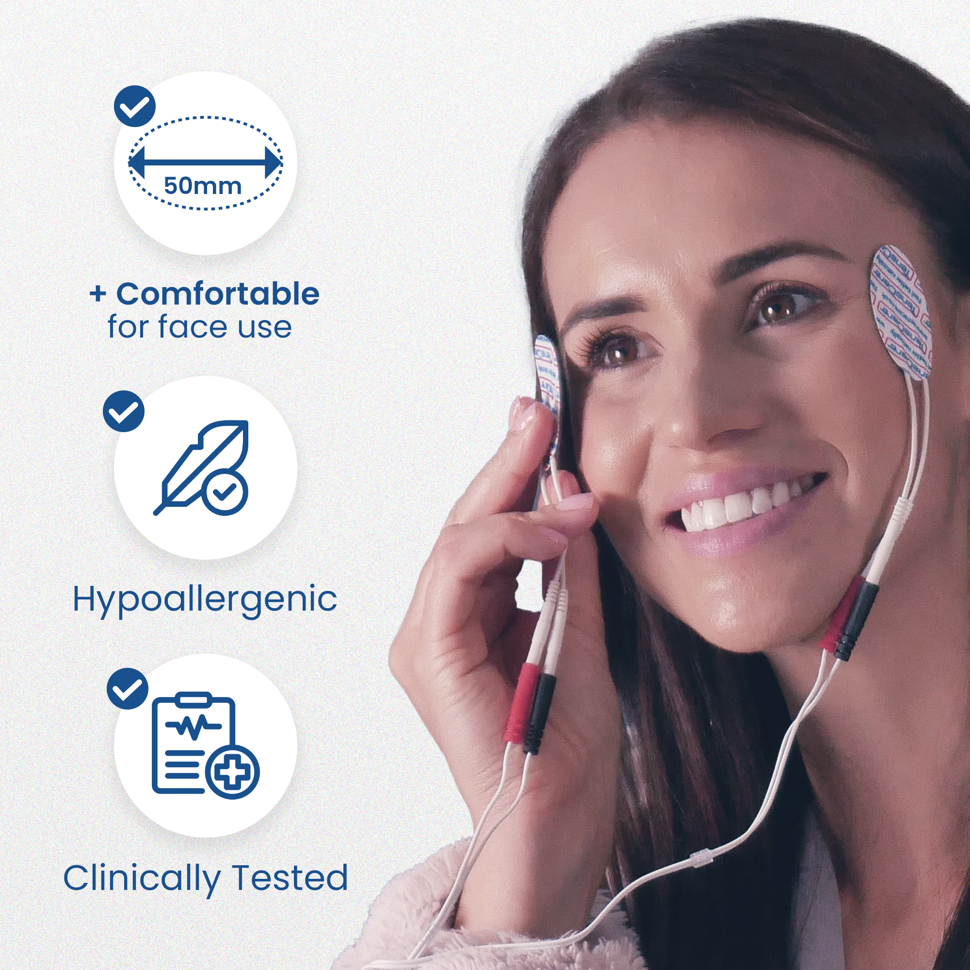 Woman wearing a face electrode pad on her cheek; comfortable for face use, hypoallergenic, clinically tested