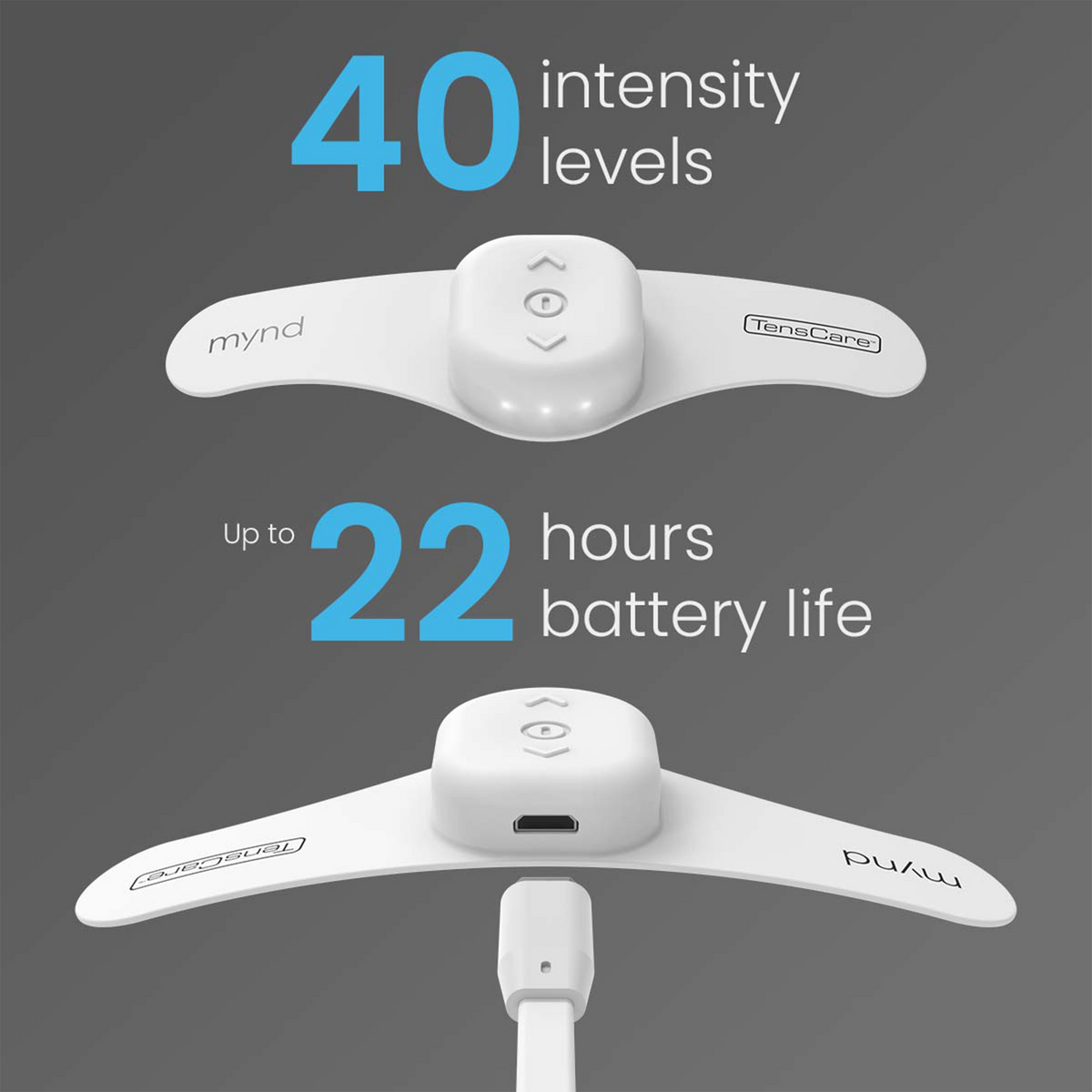 Mynd headband with charging cable, showing 40 intensity levels and up to 22 hours battery life