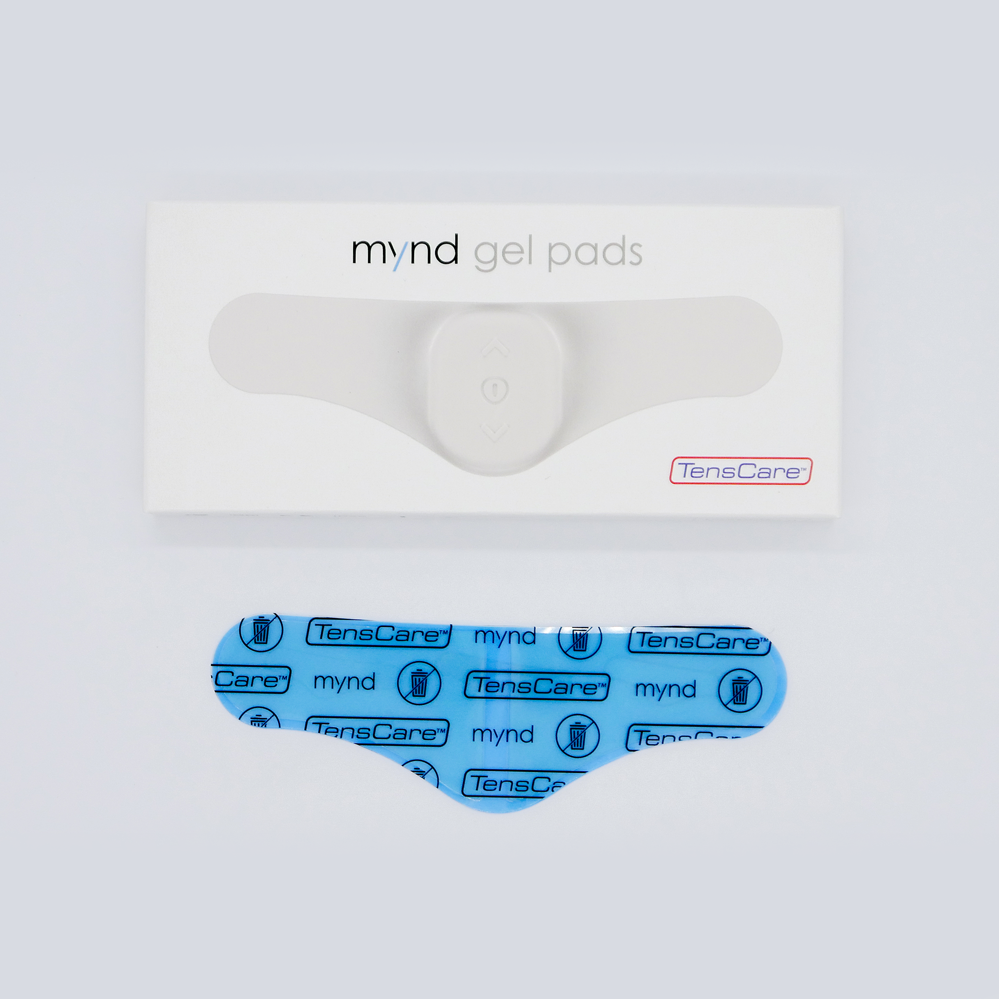 TensCare Mynd gel pads retail box with a blue backed replacement gel pad