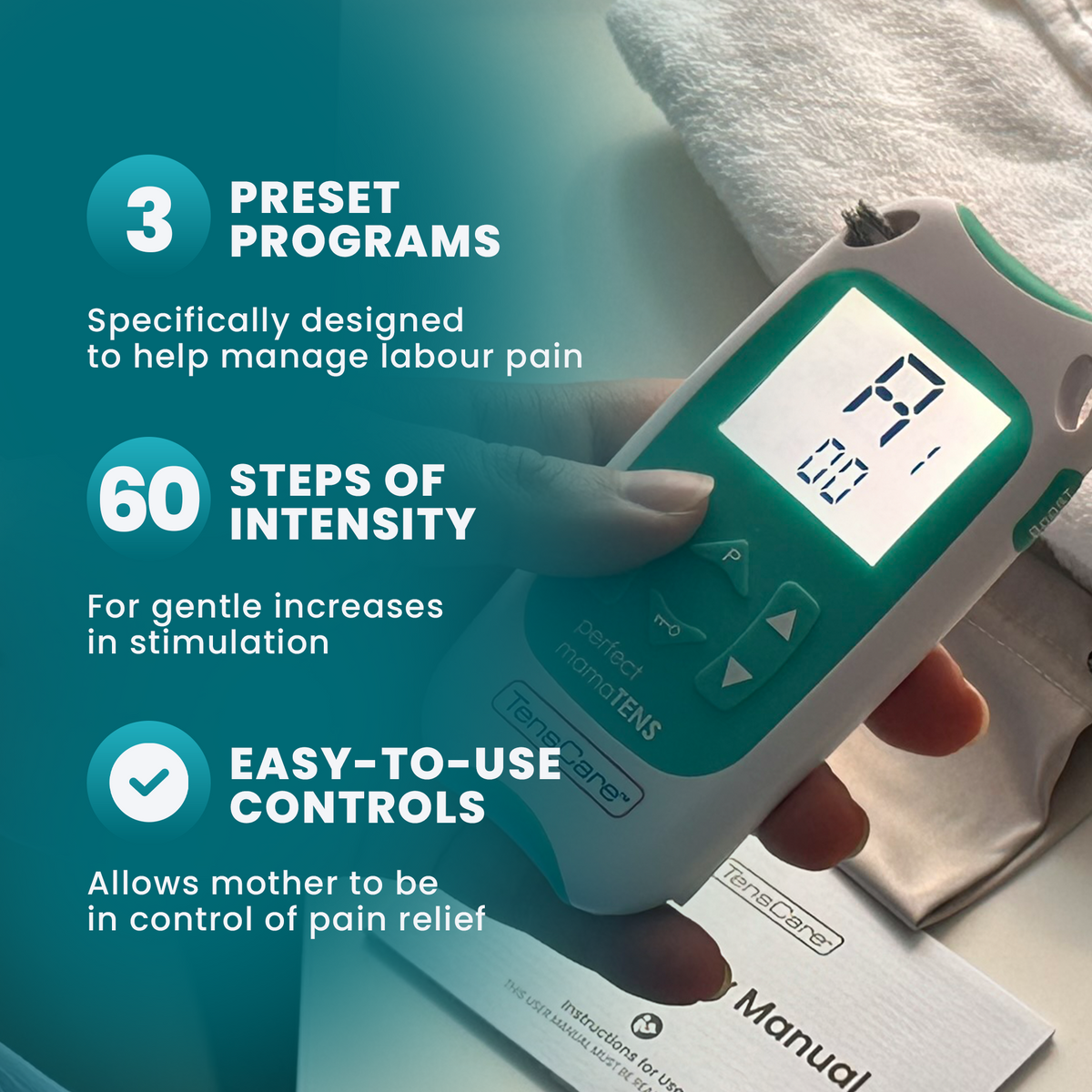 MamaTENS held in a hand: 3 preset programs, 60 steps of intensity and easy-to-use controls