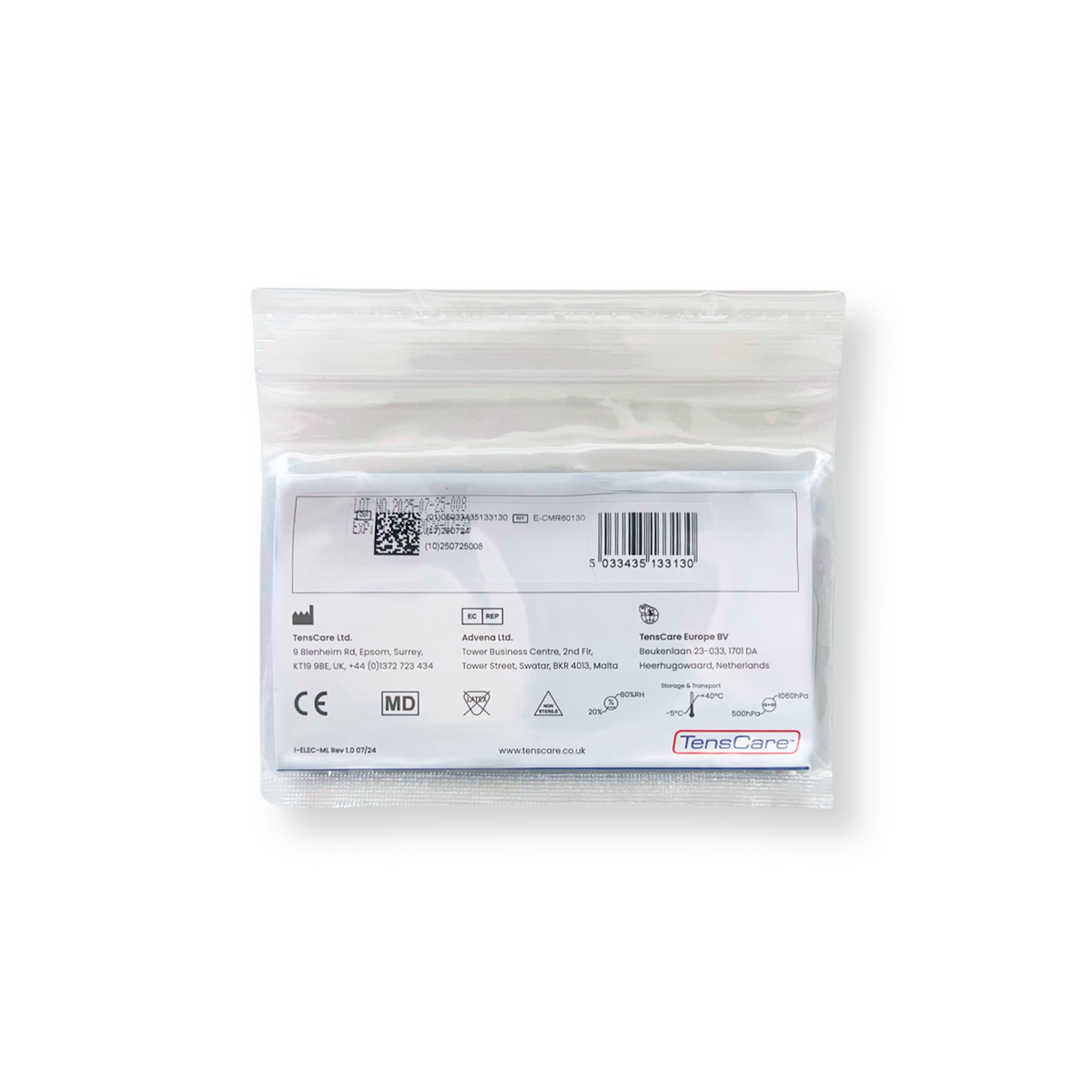 TensCare breast electrode retail packet, reverse showing barcode and regulatory marks