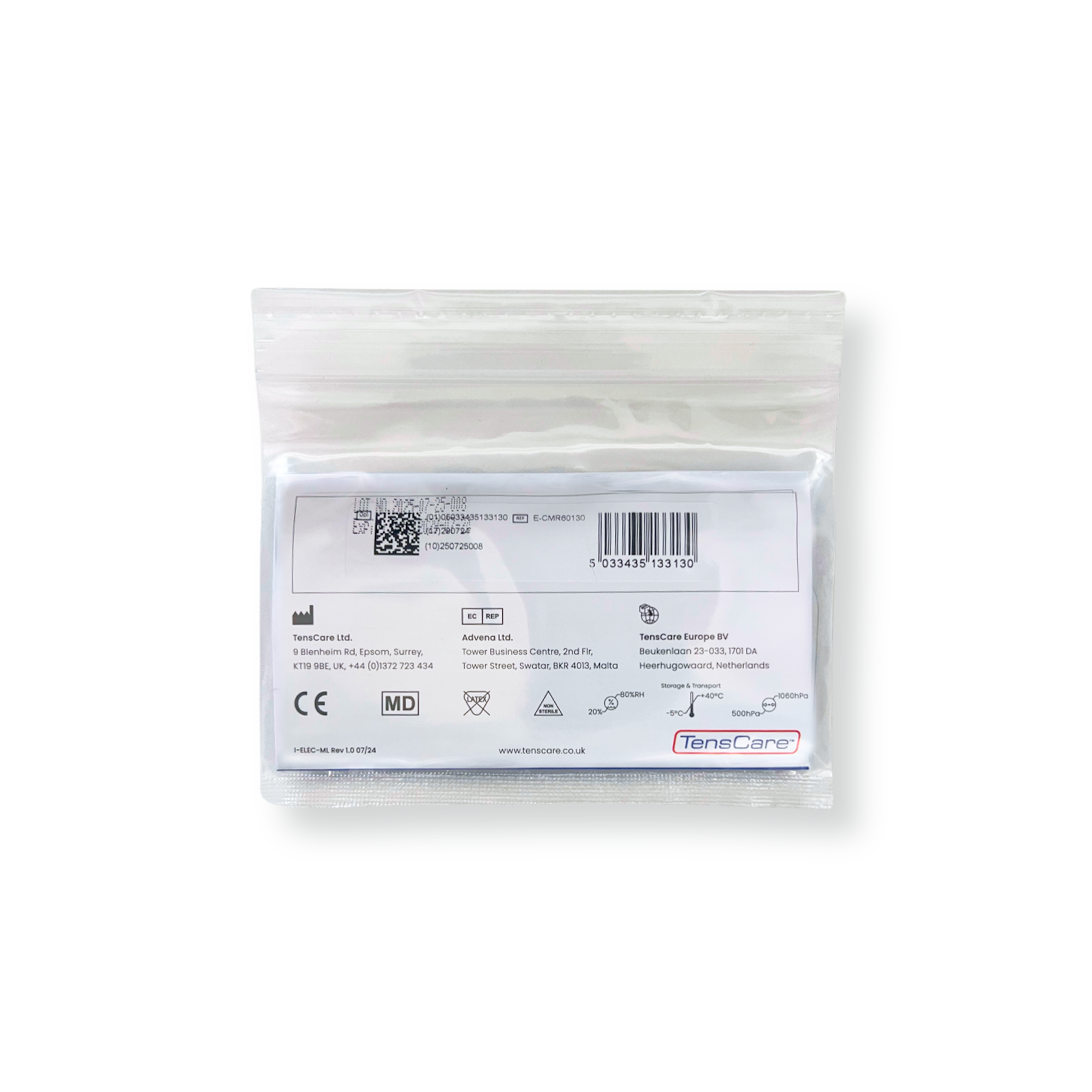 TensCare breast electrode retail packet, reverse showing barcode and regulatory marks