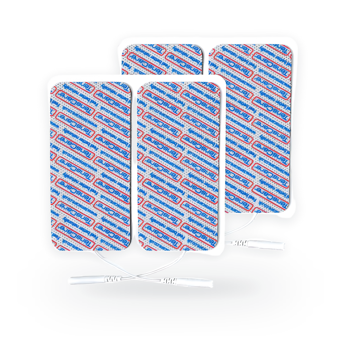 Four TensCare 50 x 100 mm rectangular electrode pads with connecting lead wires