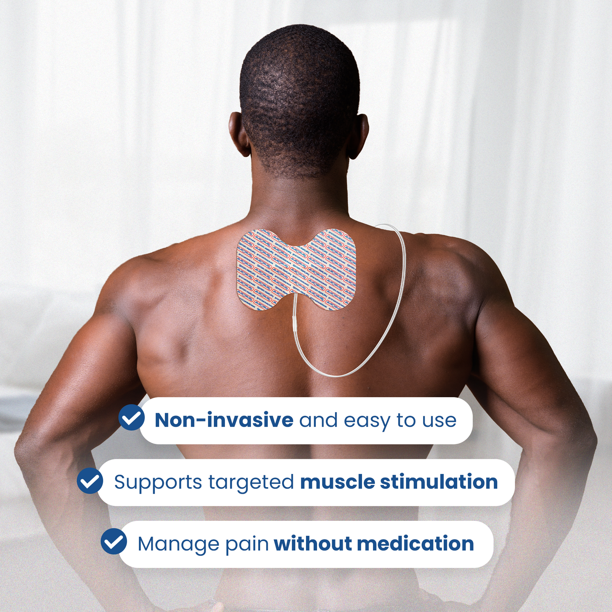 Man wearing a butterfly electrode across his upper back for non-invasive targeted muscle stimulation