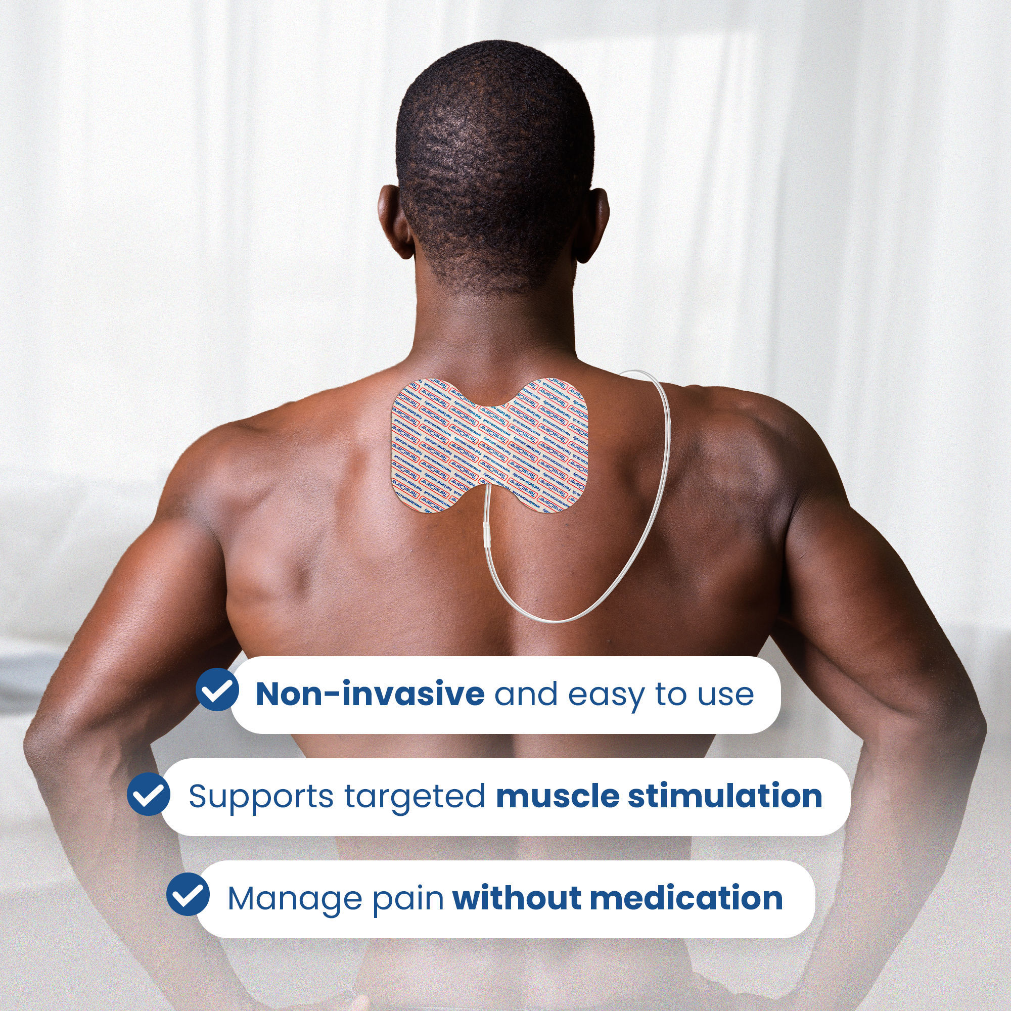 Man wearing a butterfly electrode across his upper back for non-invasive targeted muscle stimulation