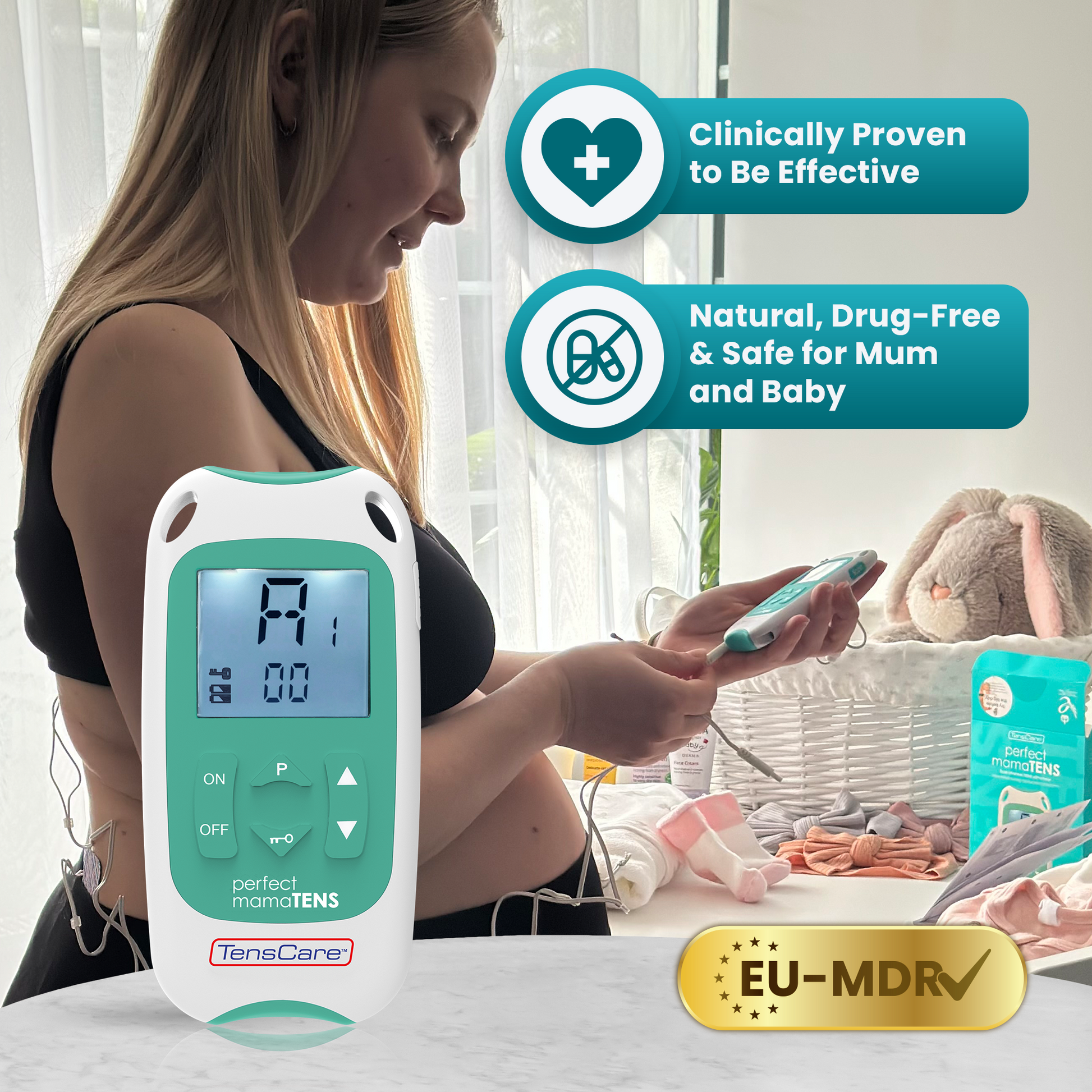 Pregnant woman wearing the MamaTENS; clinically proven, natural, drug-free and safe for mum and baby