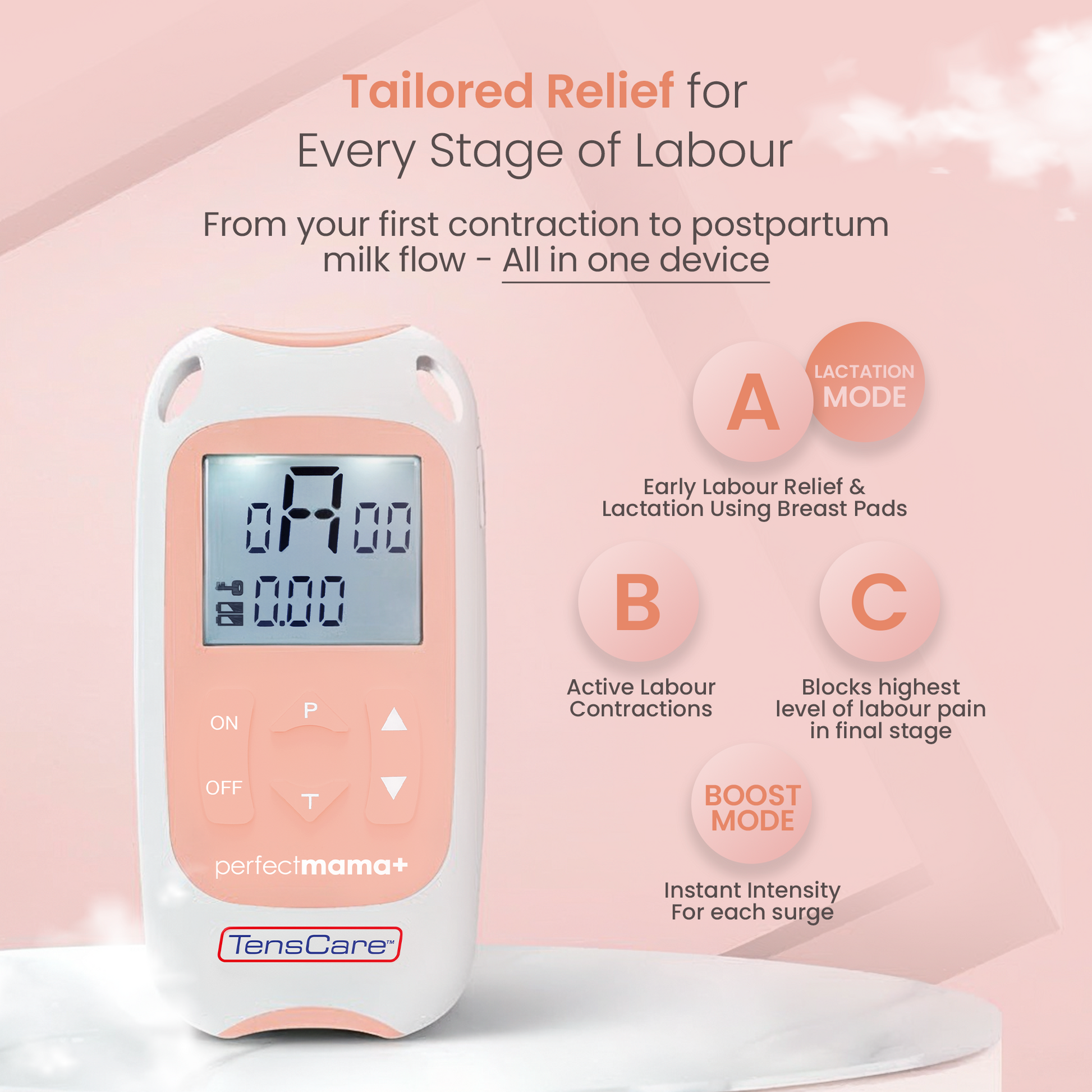 Perfect Mama+ programmes A, B and C plus Boost mode, tailored to every stage of labour