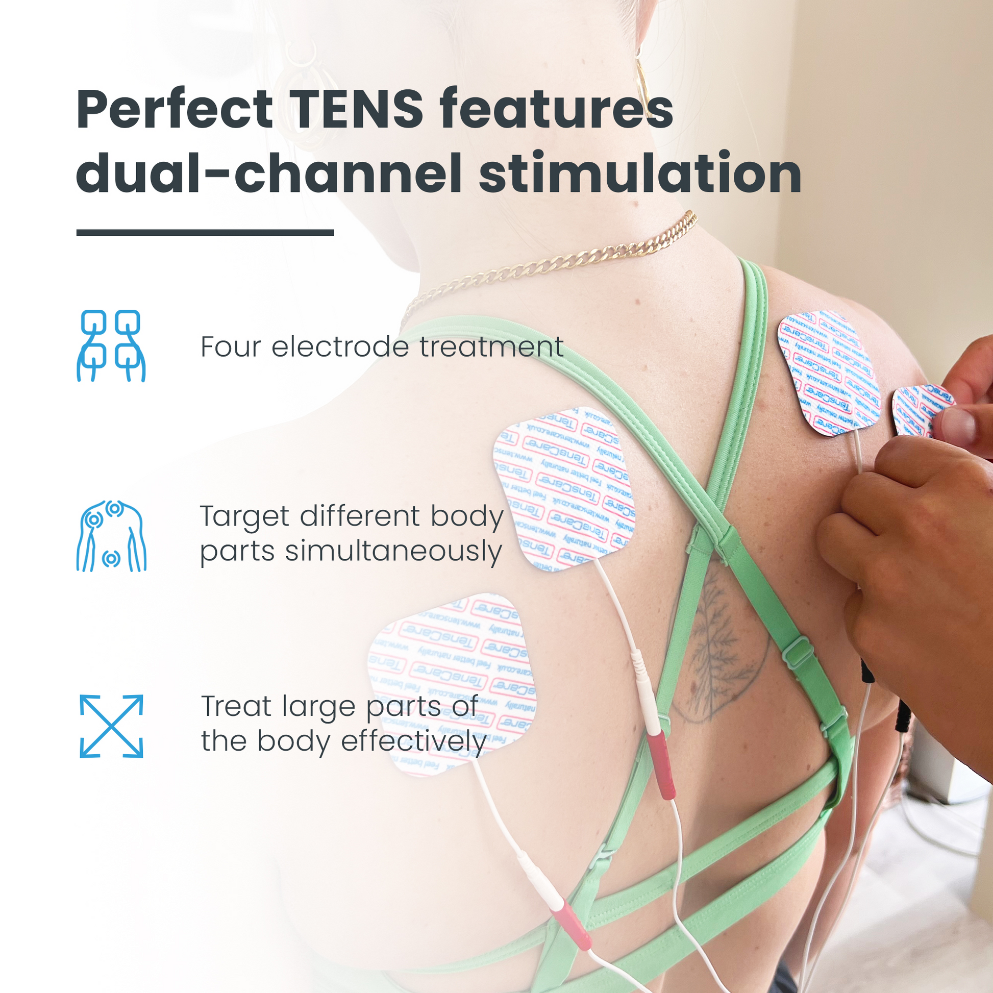 Physiotherapist applying electrode pads to a back, showing Perfect TENS dual-channel stimulation