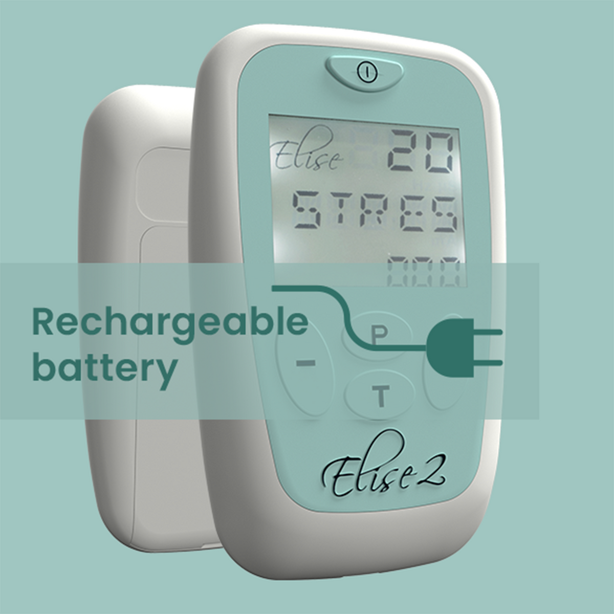 Elise 2 unit with mains plug, highlighting its rechargeable battery