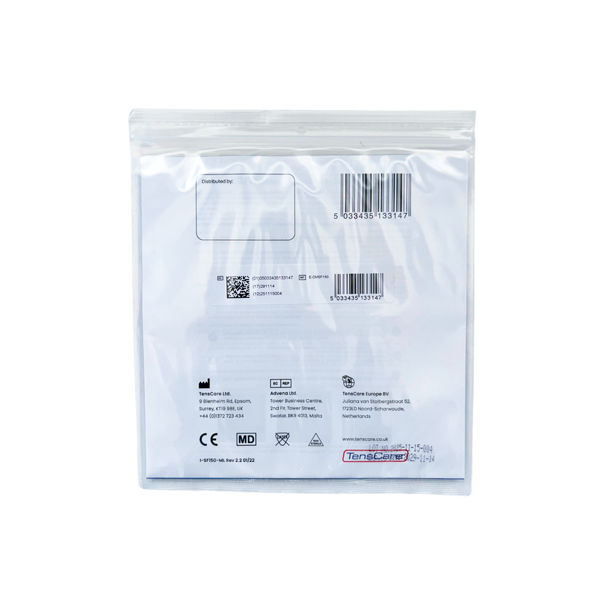 TensCare joint electrode retail packet, reverse showing barcode and regulatory marks