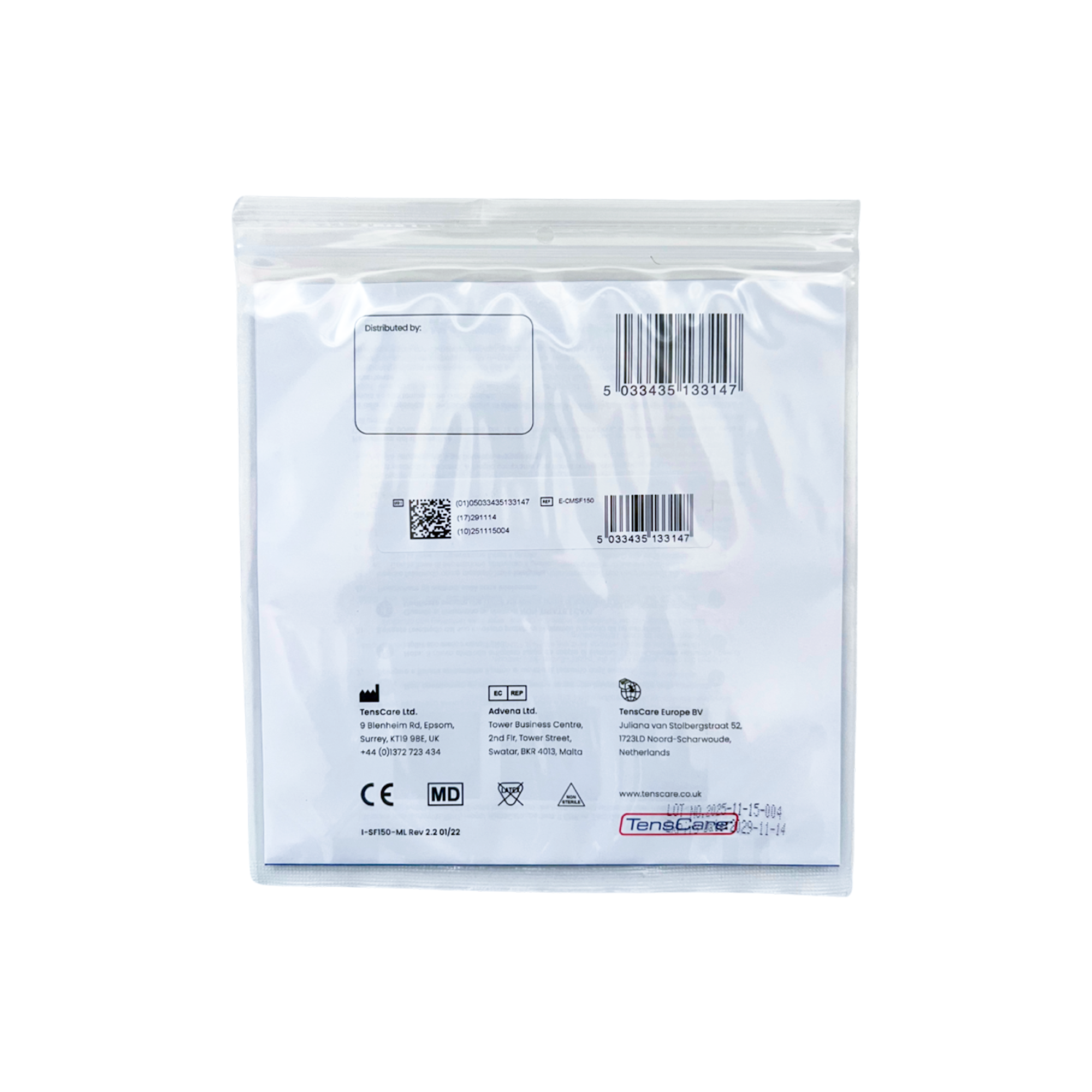 TensCare joint electrode retail packet, reverse showing barcode and regulatory marks