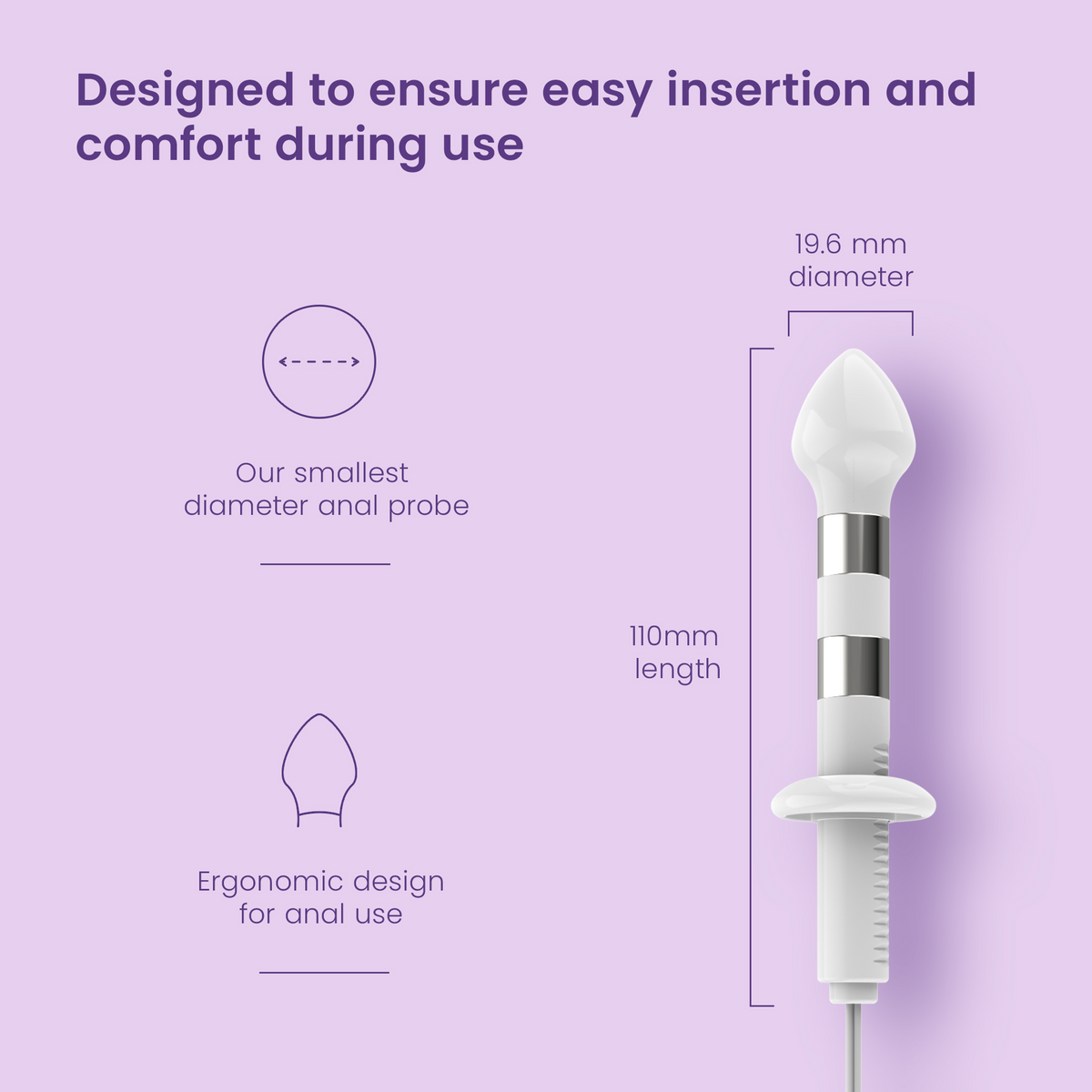 Liberty Fit probe dimensions: 19.6 mm diameter and 110 mm length, ergonomically designed for anal use
