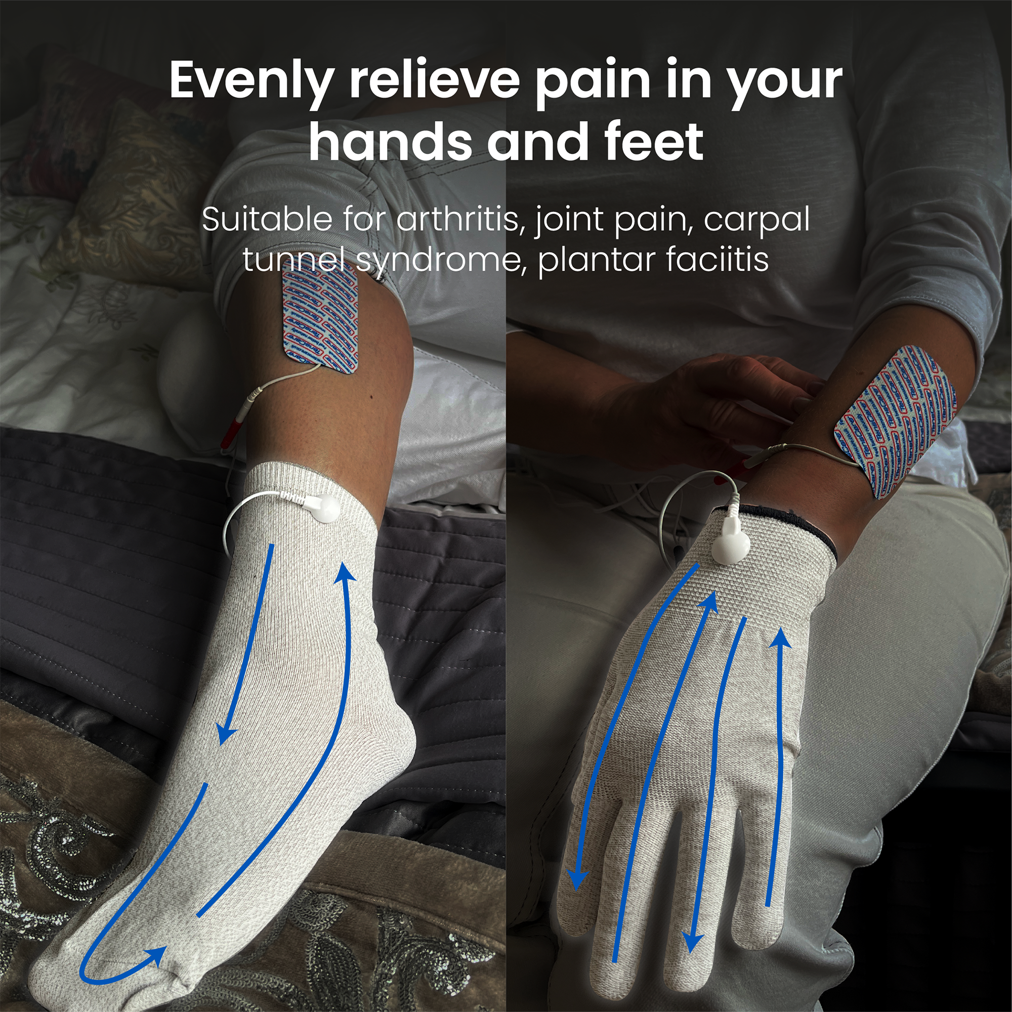 Conductive glove and sock electrodes relieving pain in the hands and feet, for arthritis and joint pain