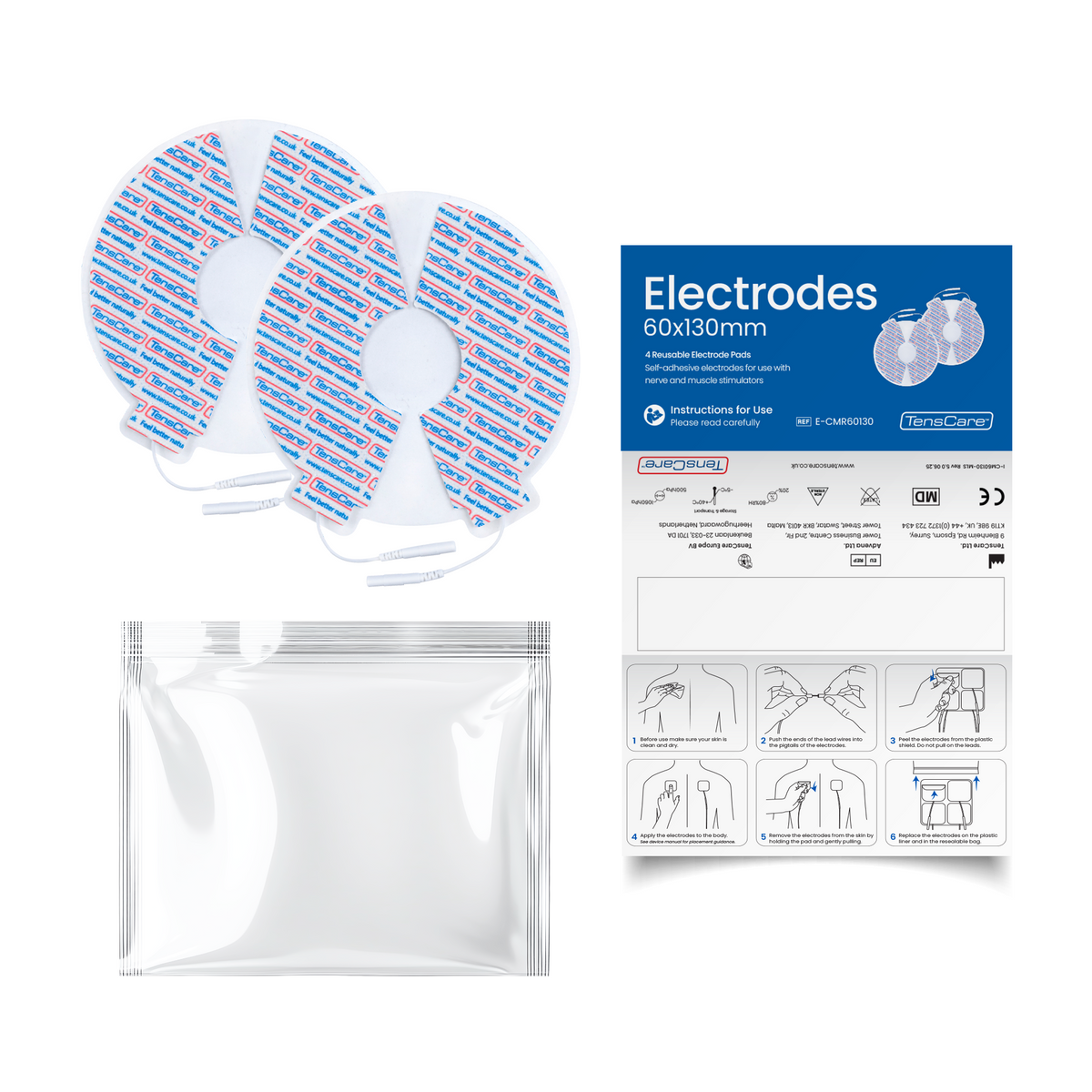 TensCare breast electrode pads with resealable bag and 60 x 130 mm retail packaging