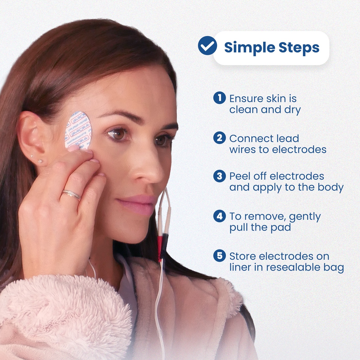 Woman applying a face electrode pad beside five simple steps for use