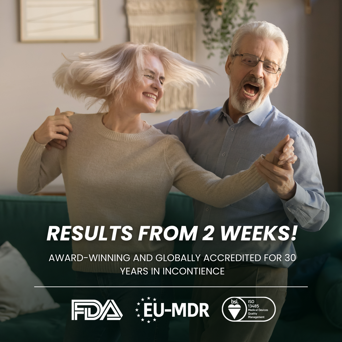 Older couple dancing; results from 2 weeks, award-winning and globally accredited for 30 years in incontinence