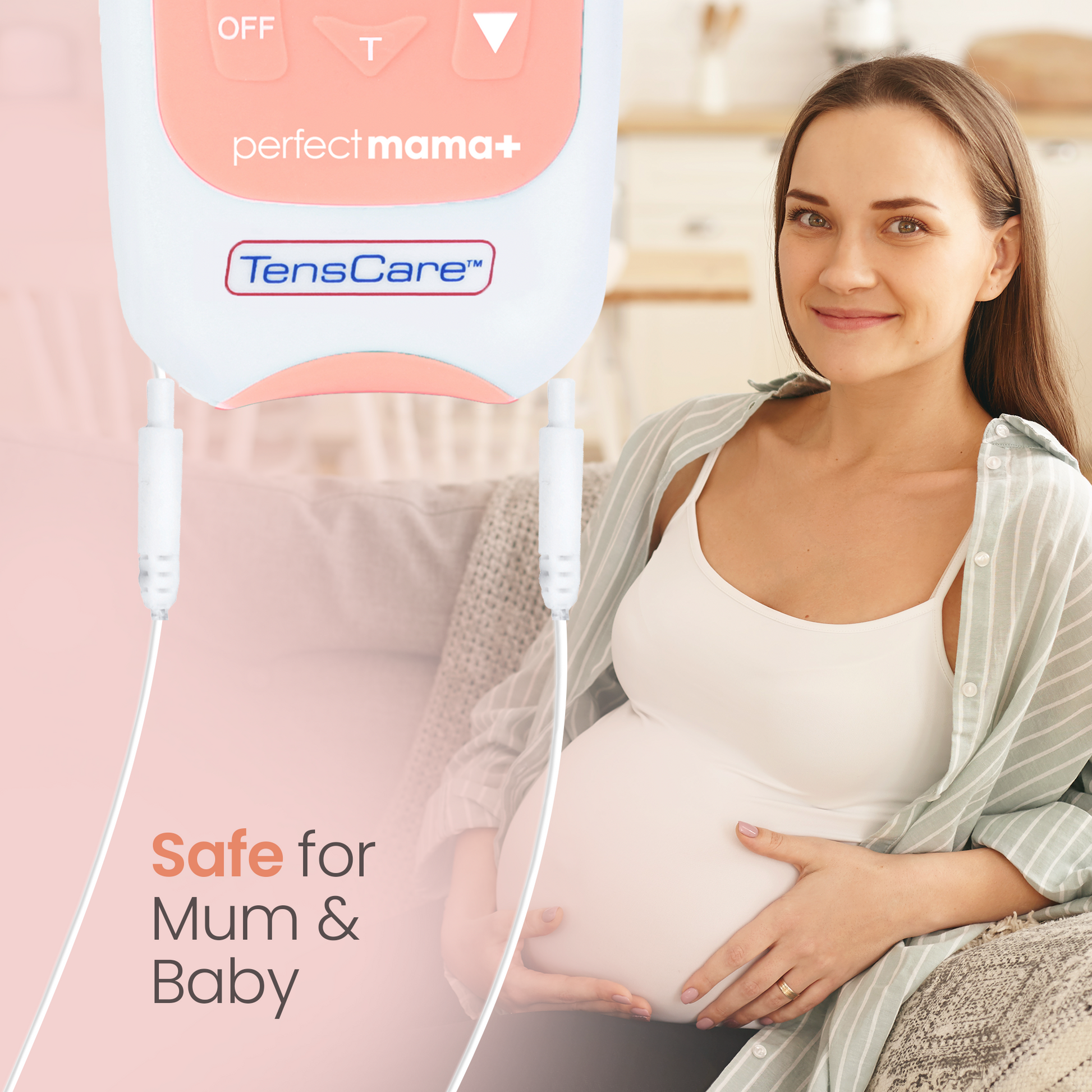 Pregnant woman holding her bump beside the Perfect Mama+ unit, safe for mum and baby