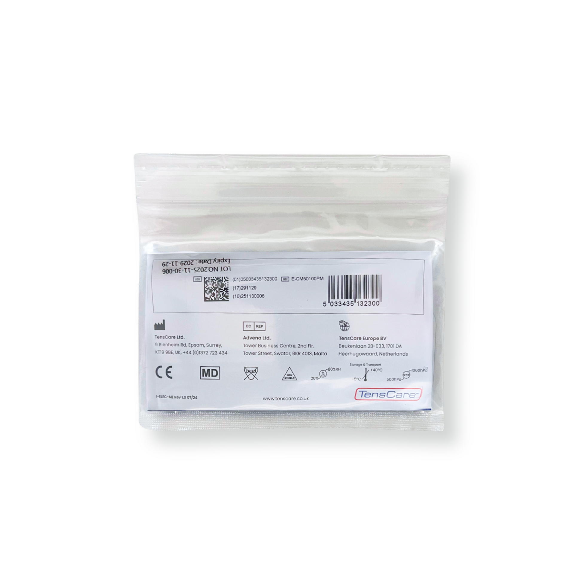 TensCare replacement electrode retail packet, reverse showing barcode and regulatory marks