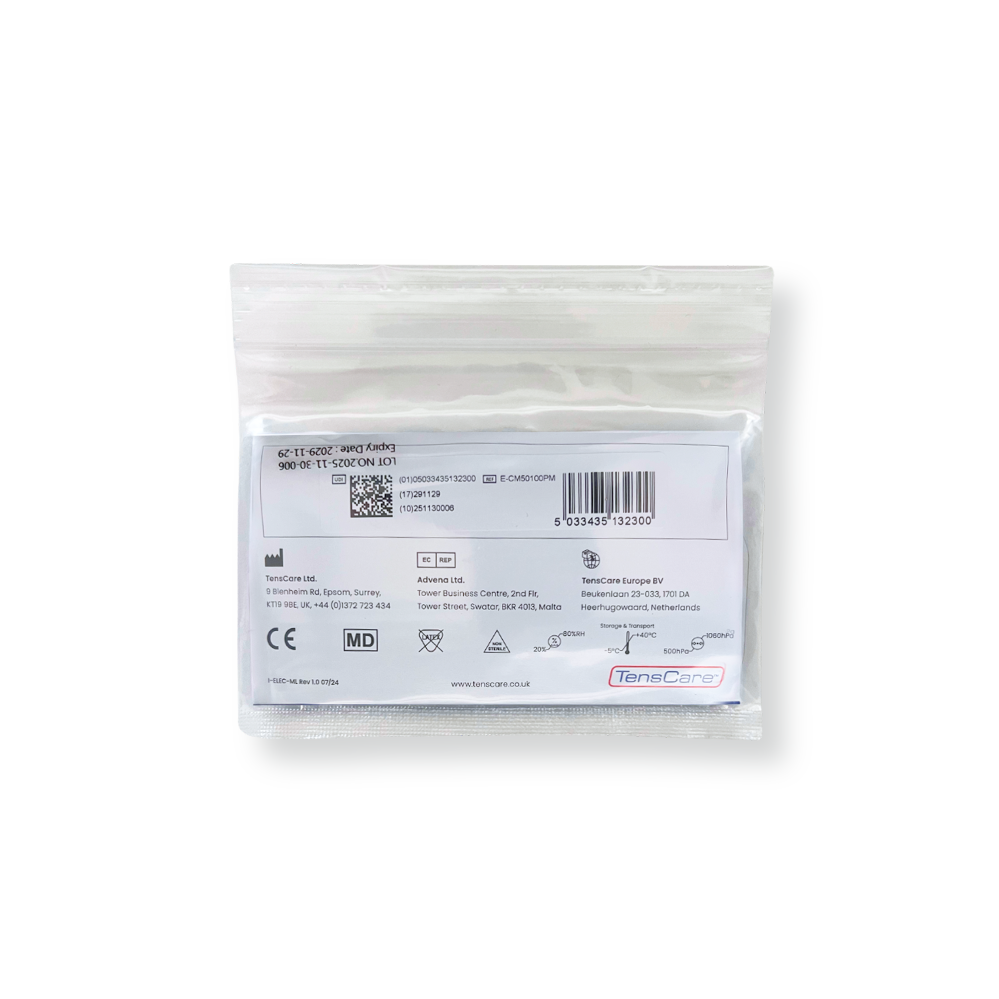 TensCare replacement electrode retail packet, reverse showing barcode and regulatory marks