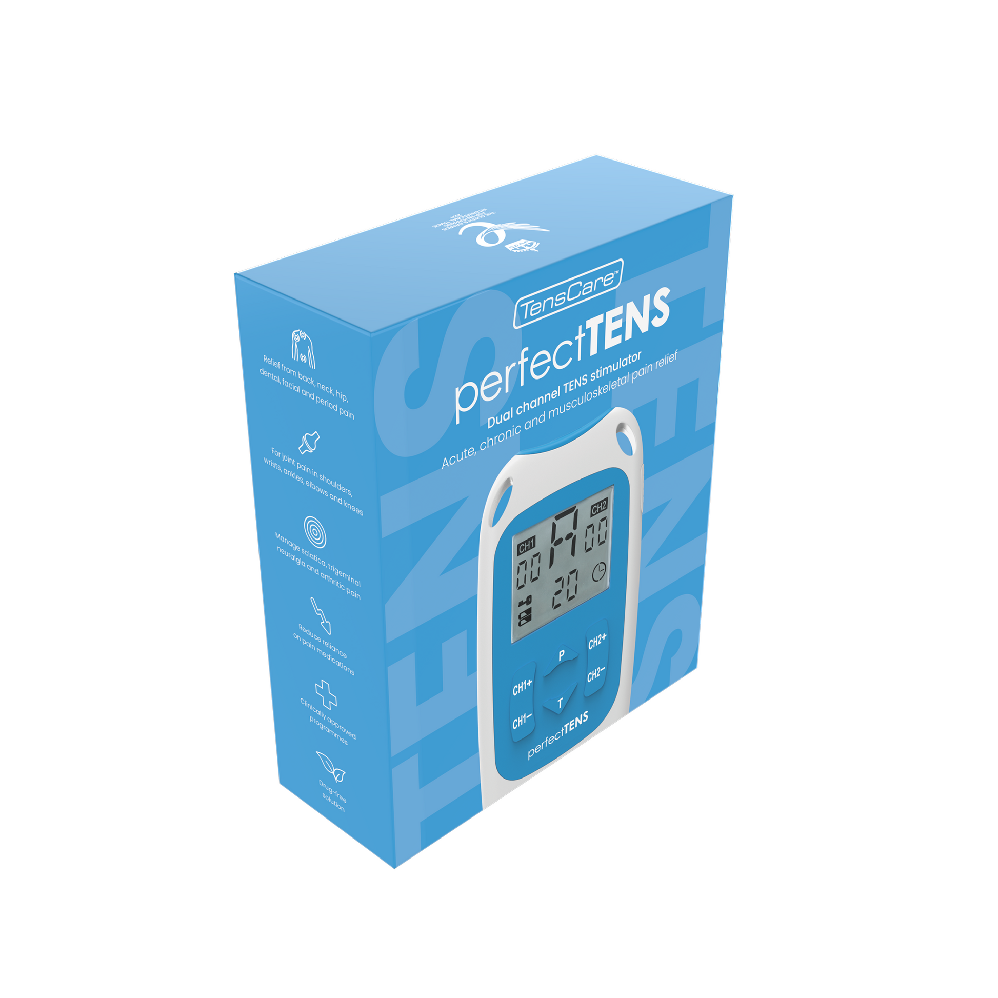 TensCare Perfect TENS retail box, angled view
