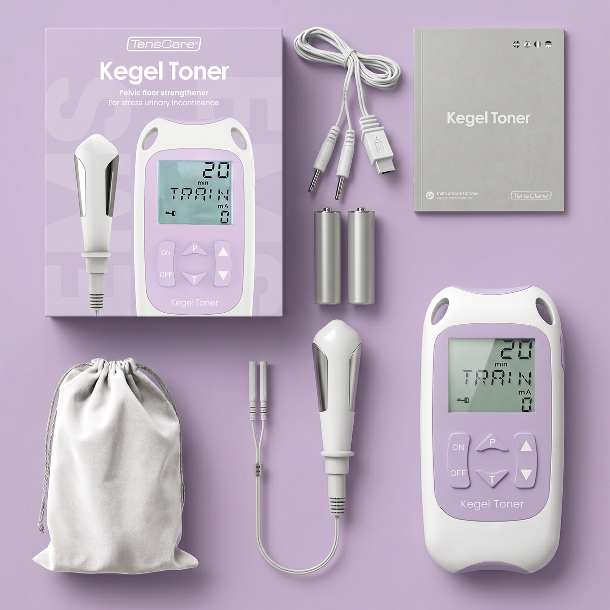 Full Kegel Toner kit: unit, probe, lead, batteries, storage pouch and instruction booklet