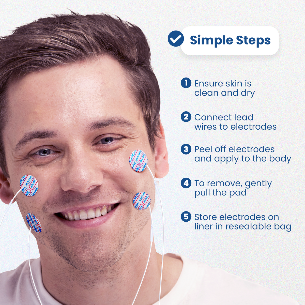 Man wearing 25 mm round electrode pads on his face beside five simple steps for use