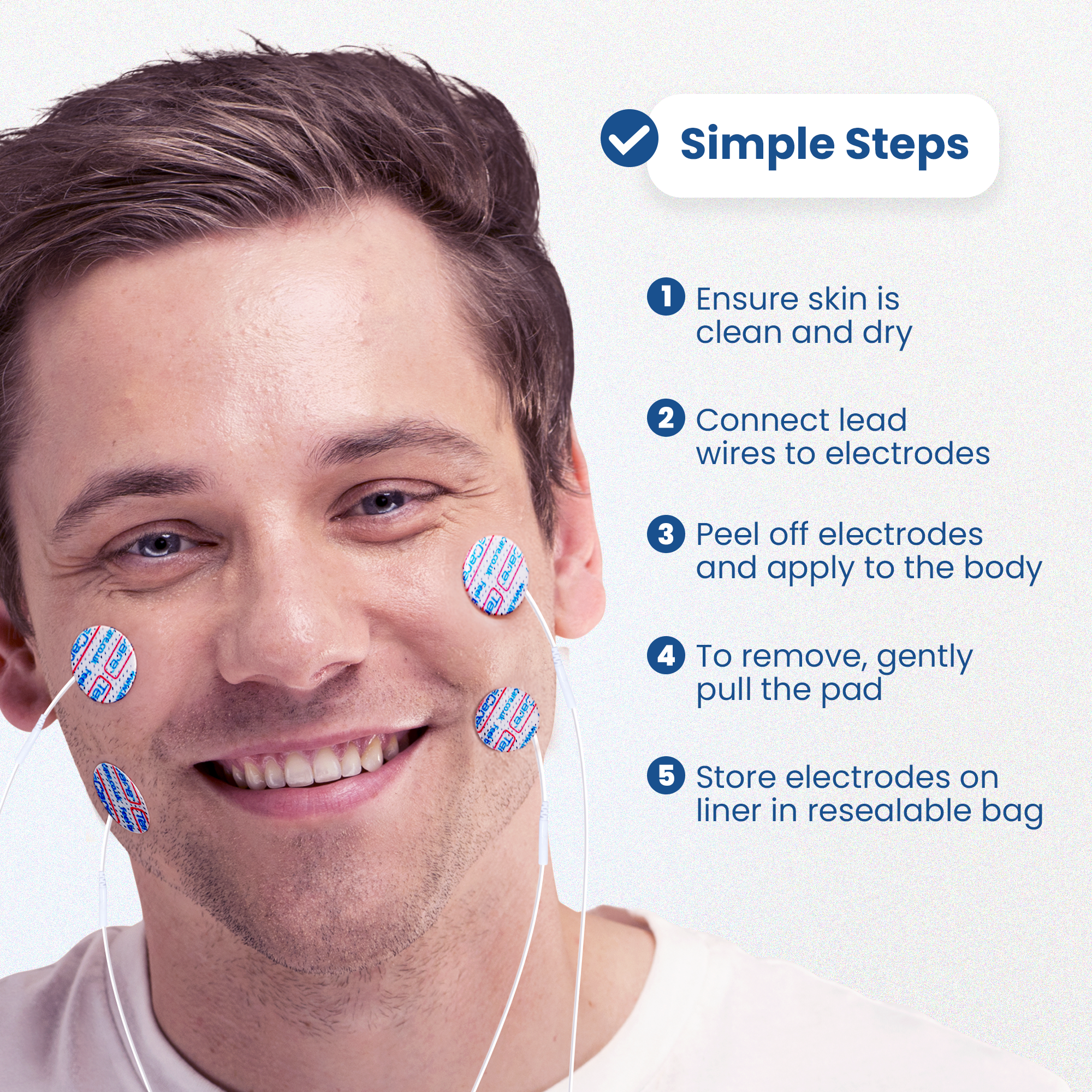 Man wearing 25 mm round electrode pads on his face beside five simple steps for use