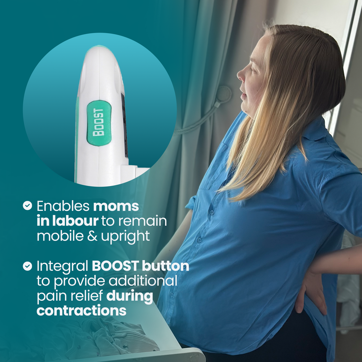 Pregnant woman standing beside the MamaTENS Boost button, for additional pain relief during contractions