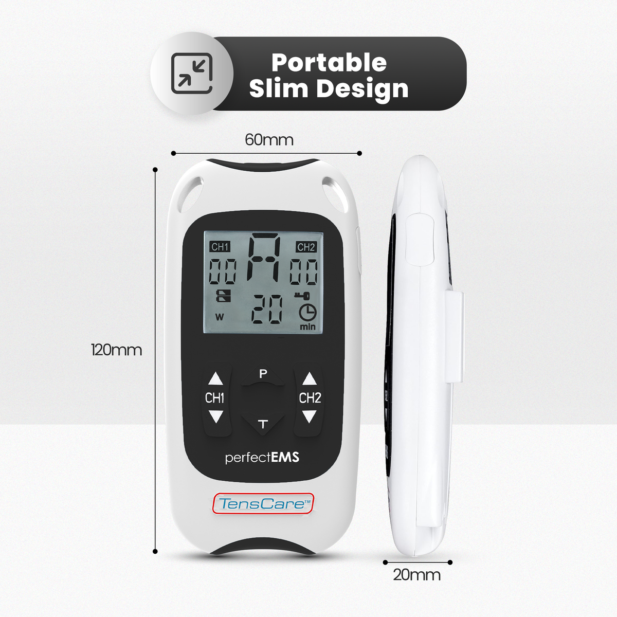 Perfect EMS portable slim design, 120 mm by 60 mm by 20 mm, shown front and side