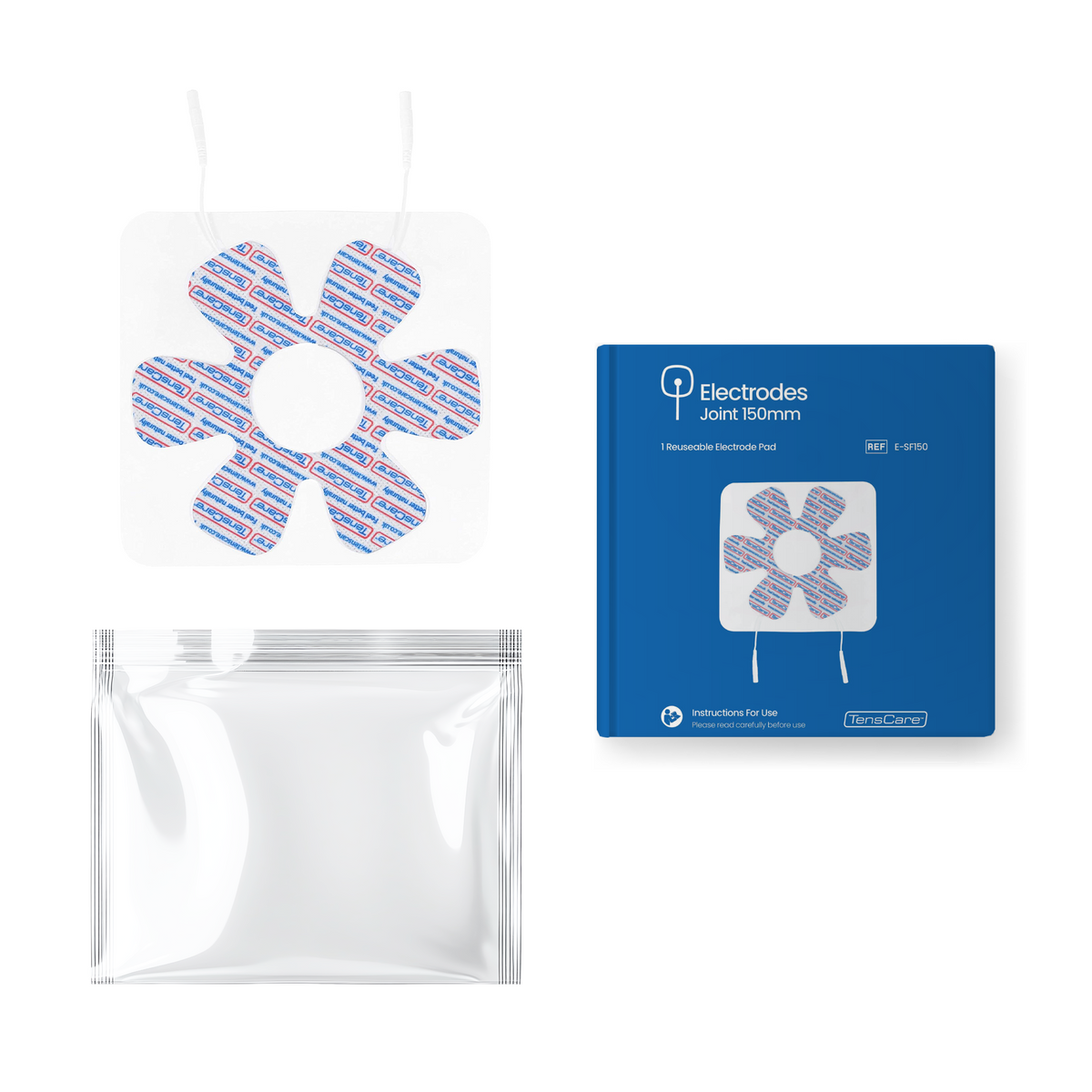 Joint electrode pad with resealable bag and TensCare Joint 150 mm retail packaging