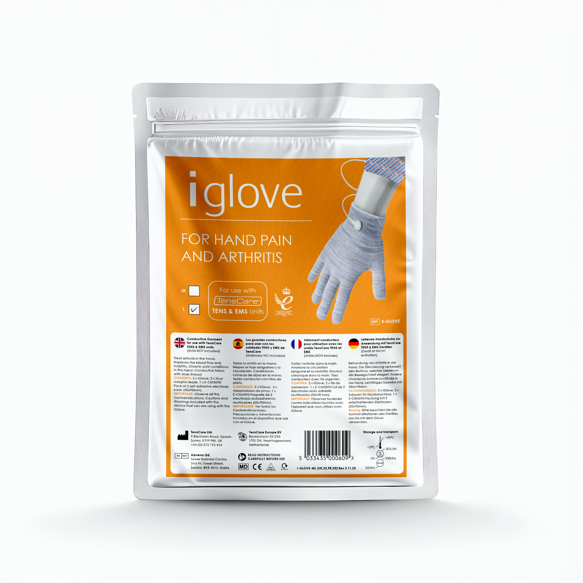 TensCare iGlove for hand pain and arthritis retail pouch, front